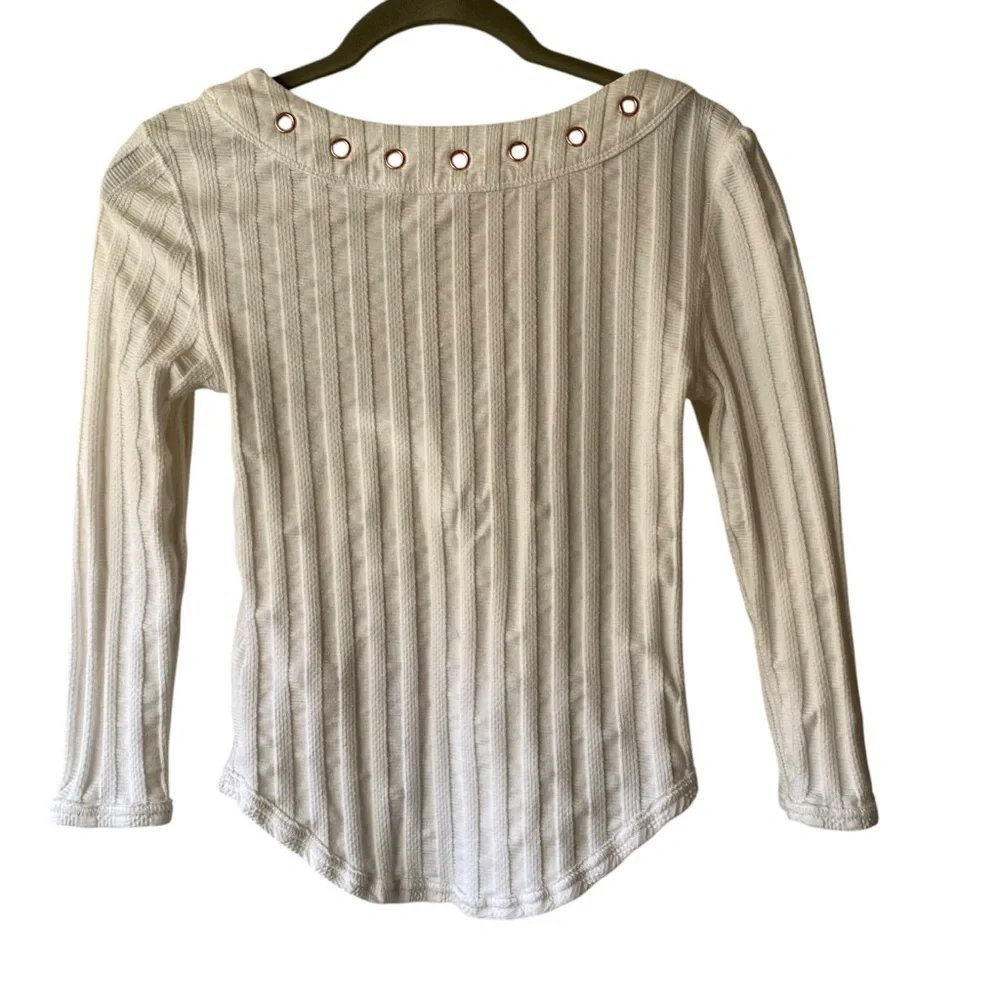 Free People Ice Cold Ribbed Top Gold Grommet Lace-Up Fitted 3/4 Sleeve SZ XS